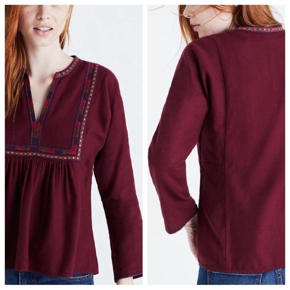 Madewell Wool Cotton Blend Maroon Boheme Embroidered Popover Top Extra Small - Picture 1 of 7